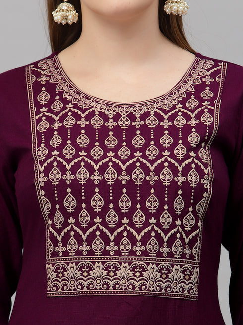 Wine Embroidery silk Kurta And Pant Set With Dupatta