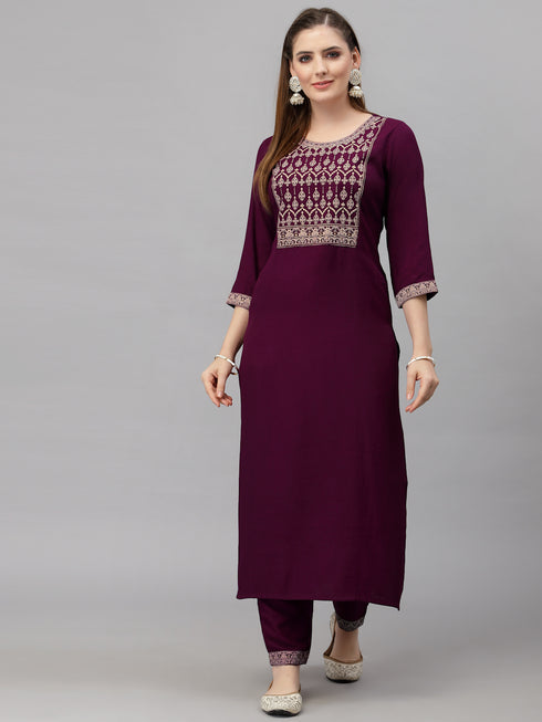 Wine Embroidery silk Kurta And Pant Set With Dupatta