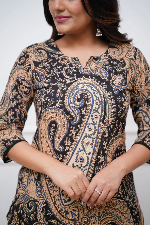 Black Printed Viscose Rayon Kurta, Pant And Dupatta Set