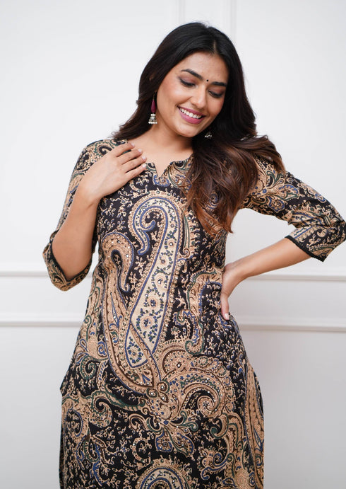 Black Printed Viscose Rayon Kurta, Pant And Dupatta Set