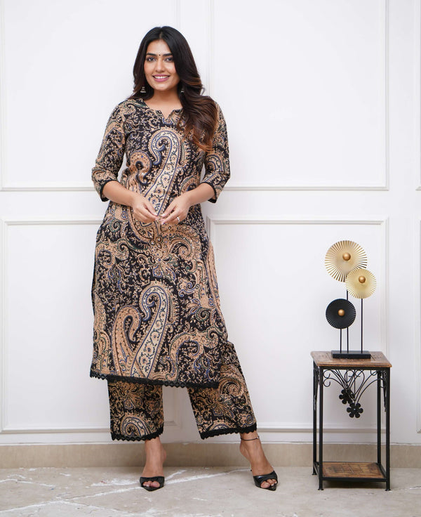 Black Printed Viscose Rayon Kurta, Pant And Dupatta Set