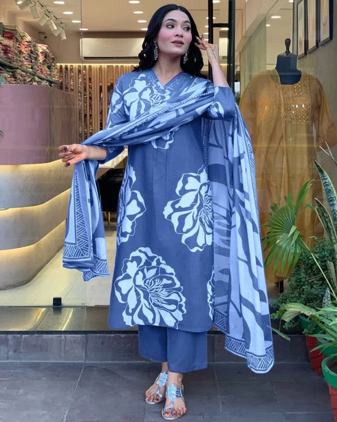 Alvami Women’s Grey Printed Viscose Straight Kurta Set with Dupatta