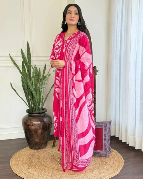 Alvami Women’s Pink Printed Viscose Straight Kurta Set with Dupatta
