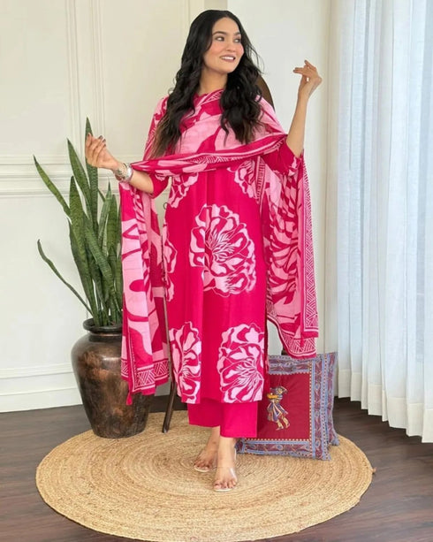 Alvami Women’s Pink Printed Viscose Straight Kurta Set with Dupatta