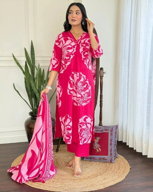 Alvami Women’s Pink Printed Viscose Straight Kurta Set with Dupatta