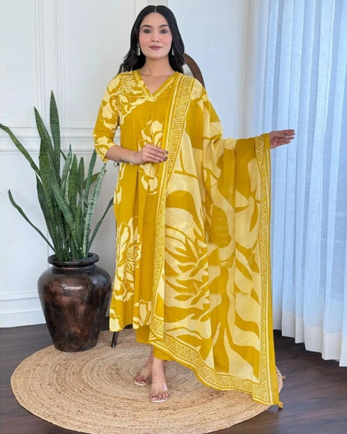 Alvami Women’s Yellow Printed Viscose Straight Kurta Set with Dupatta