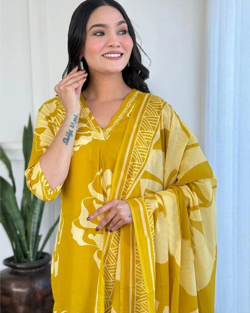 Alvami Women’s Yellow Printed Viscose Straight Kurta Set with Dupatta