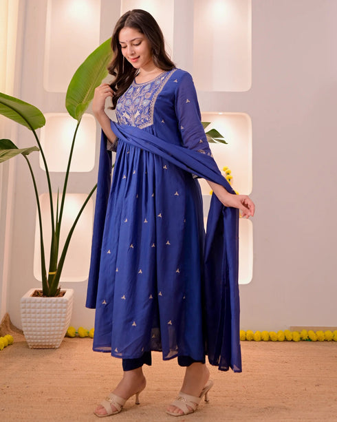 Alvami Women’s Blue Silk Embroidered Anarkali Suit Set with Dupatta