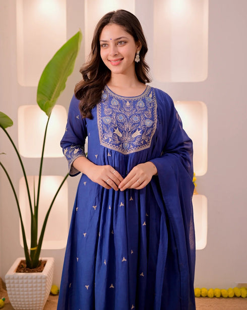 Alvami Women’s Blue Silk Embroidered Anarkali Suit Set with Dupatta