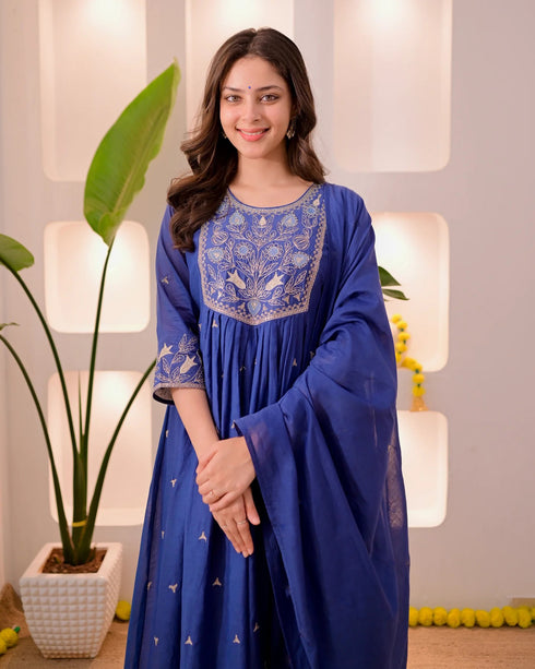 Alvami Women’s Blue Silk Embroidered Anarkali Suit Set with Dupatta