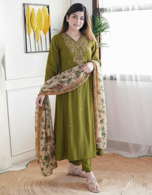 Alvami Women’s Green Silk A-Line Embroidered Kurta Set with Dupatta