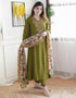 Alvami Women’s Green Silk A-Line Embroidered Kurta Set with Dupatta