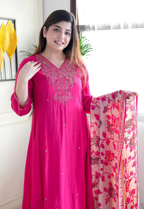 Alvami Women’s Pink Silk A-Line Embroidered Kurta Set with Dupatta