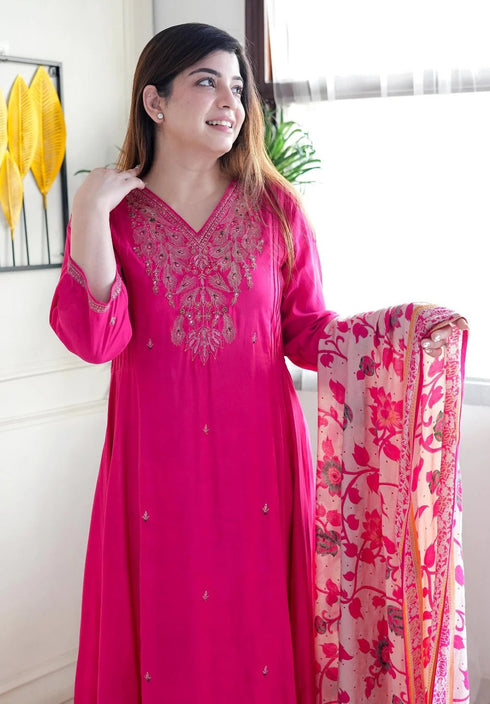 Alvami Women’s Pink Silk A-Line Embroidered Kurta Set with Dupatta