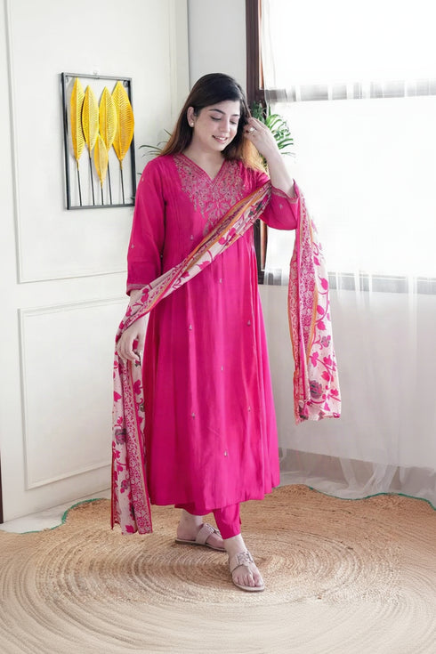Alvami Women’s Pink Silk A-Line Embroidered Kurta Set with Dupatta
