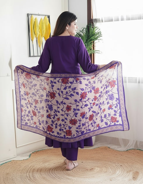 Alvami Women’s Purple Silk A-Line Embroidered Kurta Set with Dupatta