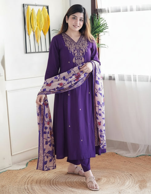 Alvami Women’s Purple Silk A-Line Embroidered Kurta Set with Dupatta