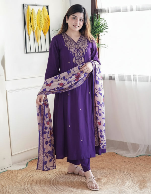 Alvami Womenβs Purple Silk A-Line Embroidered Kurta Set with Dupatta
