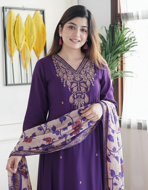 Alvami Women’s Purple Silk A-Line Embroidered Kurta Set with Dupatta