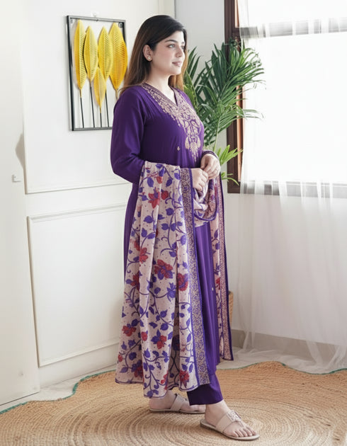 Alvami Women’s Purple Silk A-Line Embroidered Kurta Set with Dupatta