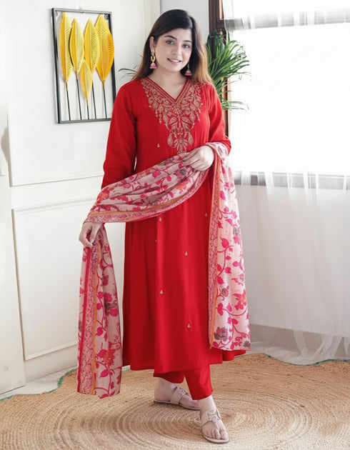 Alvami Women’s Red Silk A-Line Embroidered Kurta Set with Dupatta