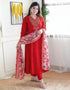 Alvami Women’s Red Silk A-Line Embroidered Kurta Set with Dupatta