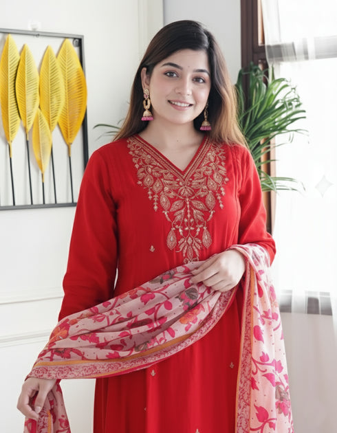 Alvami Women’s Red Silk A-Line Embroidered Kurta Set with Dupatta