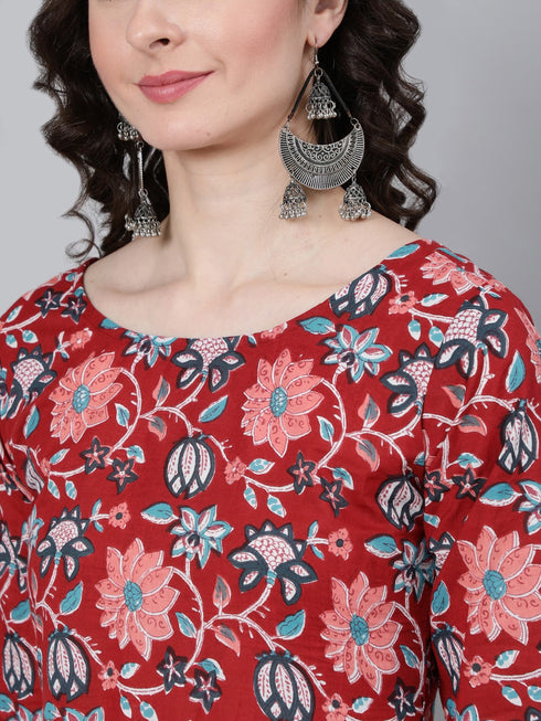 Viscose Floral Printed Red Kurta And Pant Set With Dupatta