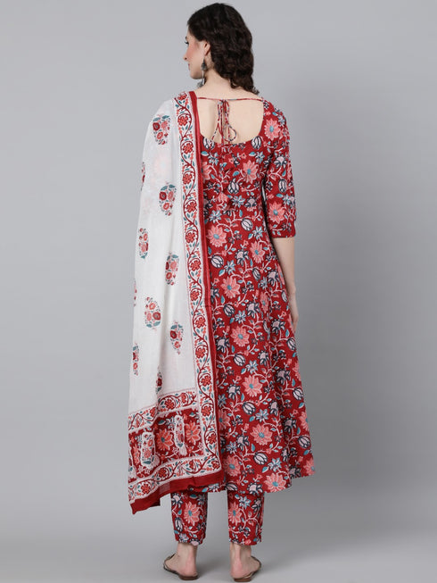 Viscose Floral Printed Red Kurta And Pant Set With Dupatta