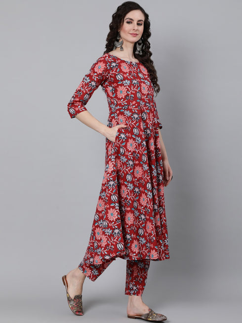 Viscose Floral Printed Red Kurta And Pant Set With Dupatta