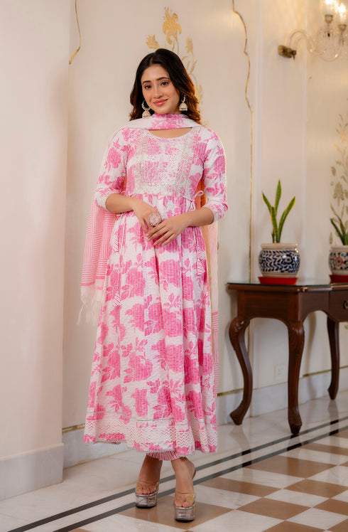 Pink Embroidery Viscose Rayon Kurta, Pant And Dupatta Set