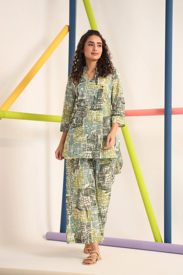 Light Green Mandrain Collar Kurta And Pant Set