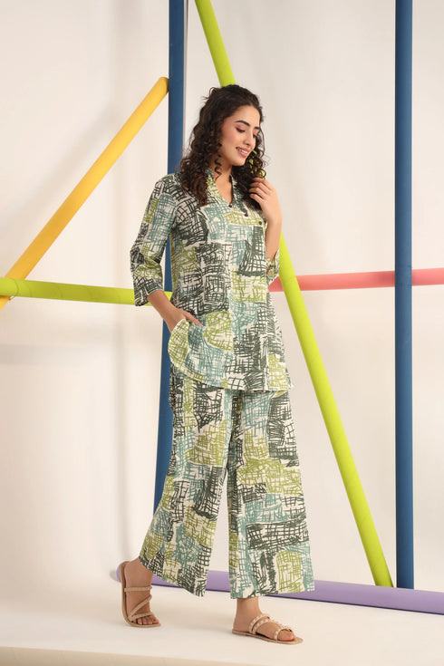 Light Green Mandrain Collar Kurta And Pant Set