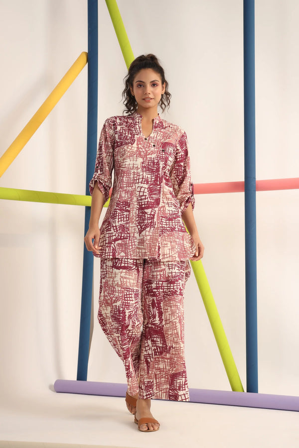 Maroon Mandrain Collar Kurta And Pant Set