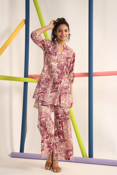 Maroon Mandrain Collar Kurta And Pant Set