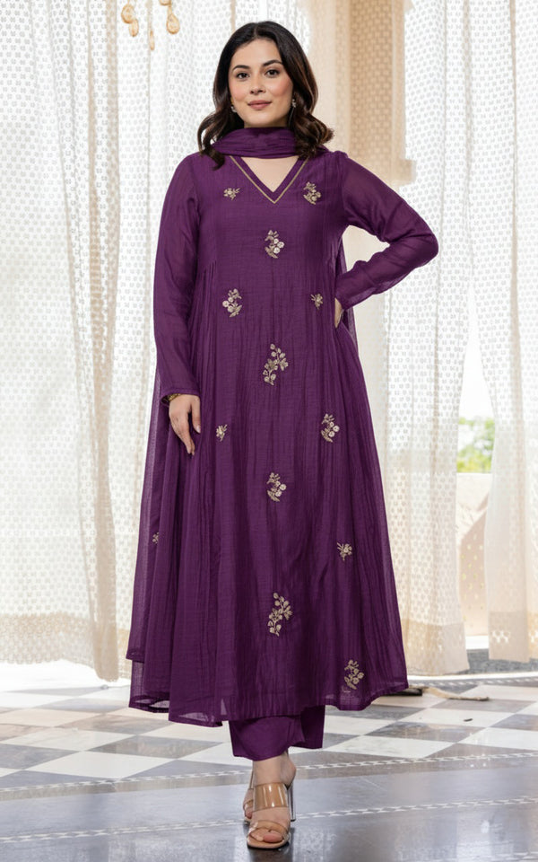 Alvami Women Purple Embroidered Silk Anarkali Kurta Pant with Dupatta Set