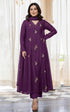 Alvami Women Purple Embroidered Silk Anarkali Kurta Pant with Dupatta Set