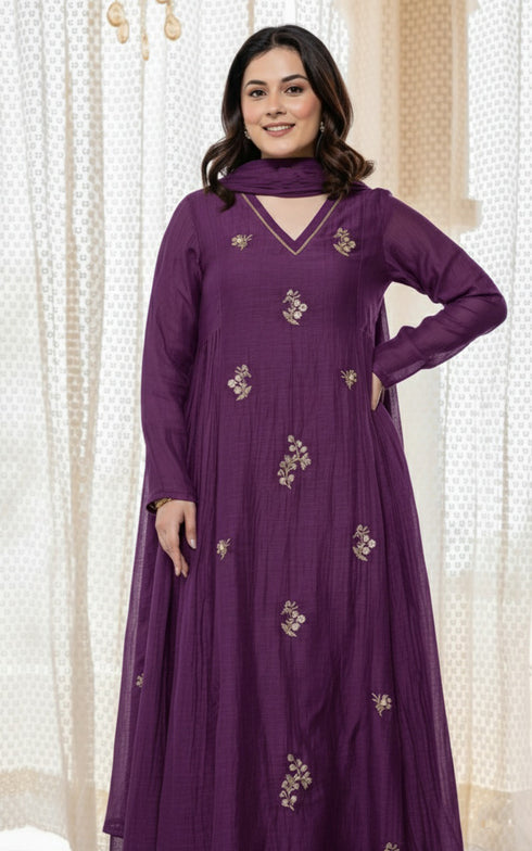 Alvami Women Purple Embroidered Silk Anarkali Kurta Pant with Dupatta Set
