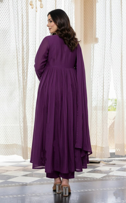 Alvami Women Purple Embroidered Silk Anarkali Kurta Pant with Dupatta Set