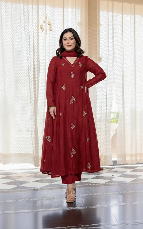 Alvami Women Red Embroidered Silk Anarkali Kurta Pant with Dupatta Set