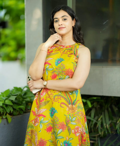 Alvami Women Yellow Floral Printed Viscose A-Line Sleeveless Kurta with Palazzo Set
