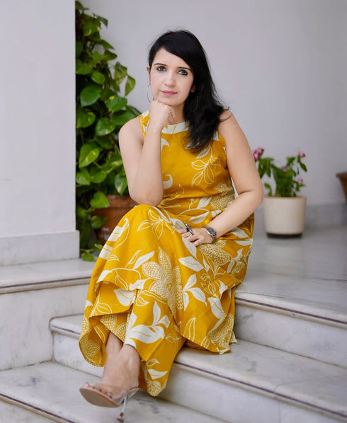 Alvami Women Yellow Floral Print Viscose A-Line Kurta Palazzos Set with pocket