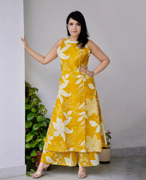 Alvami Women Yellow Floral Print Viscose A-Line Kurta Palazzos Set with pocket