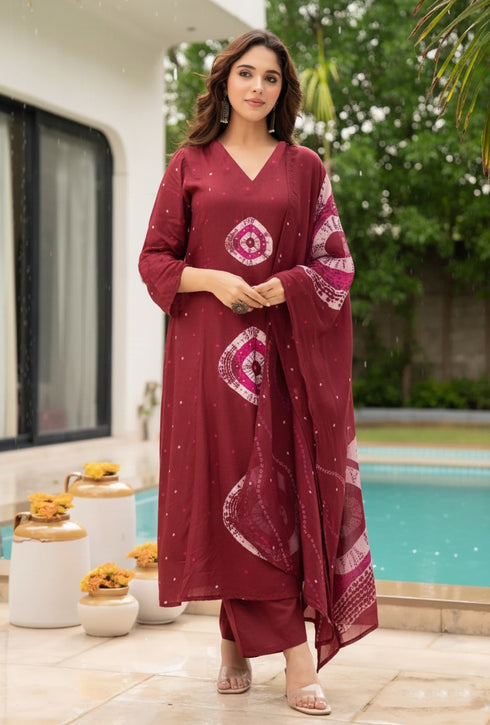 Alvami Women Maroon Printed Viscose A-Line Kurta Pant with Dupatta Set