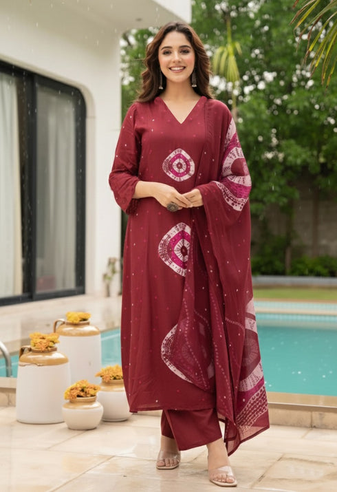 Alvami Women Maroon Printed Viscose A-Line Kurta Pant with Dupatta Set