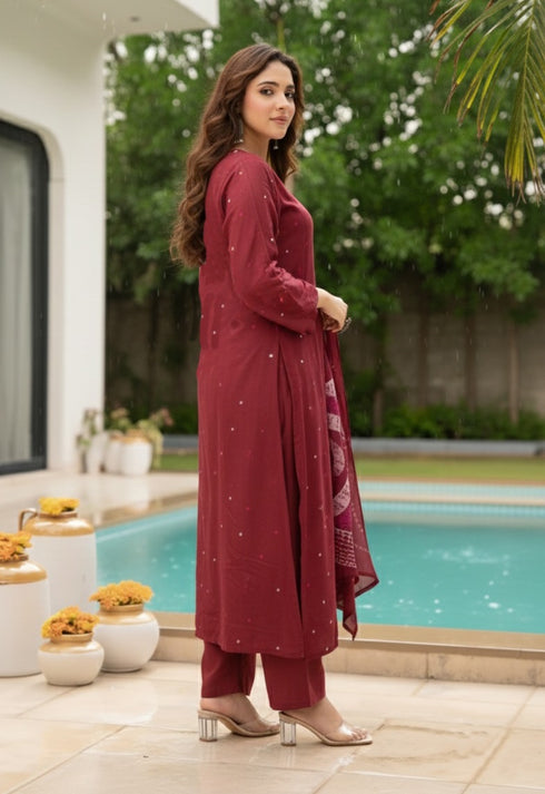 Alvami Women Maroon Printed Viscose A-Line Kurta Pant with Dupatta Set