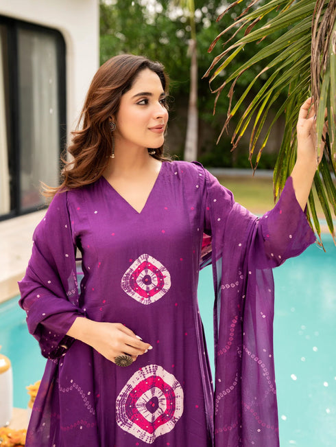 Alvami Women Purple Printed Viscose A-Line Kurta Pant With Dupatta Set