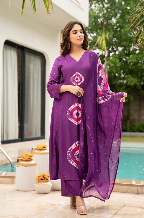 Alvami Women Purple Printed Viscose A-Line Kurta Pant With Dupatta Set