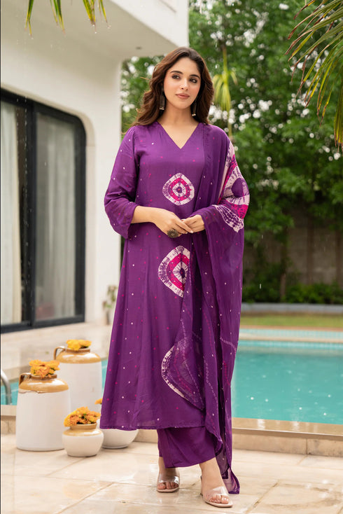 Alvami Women Purple Printed Viscose A-Line Kurta Pant With Dupatta Set