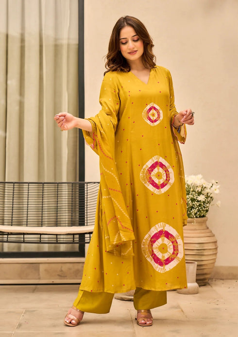 Alvami Women Yellow Printed Viscose A-Line Kurta Pant With Dupatta Set